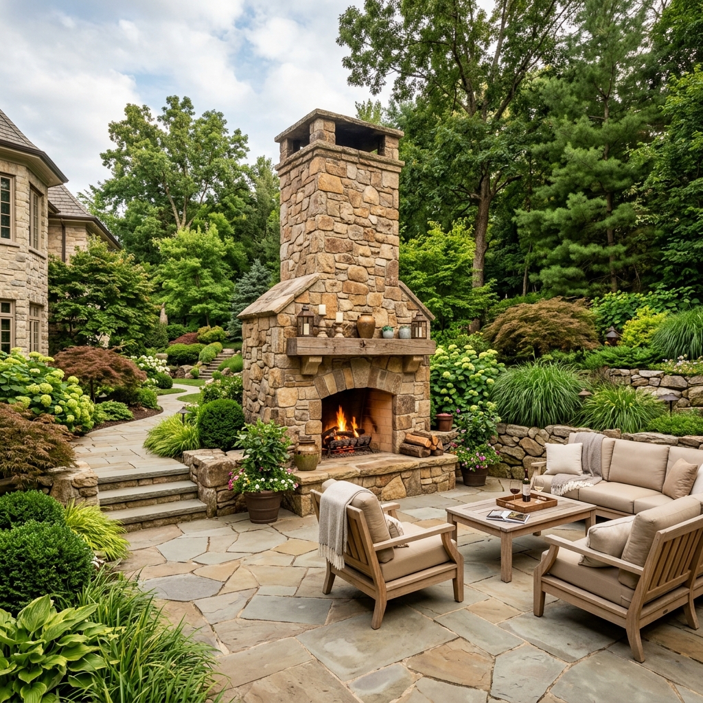 Bluestone patio with limestone walls