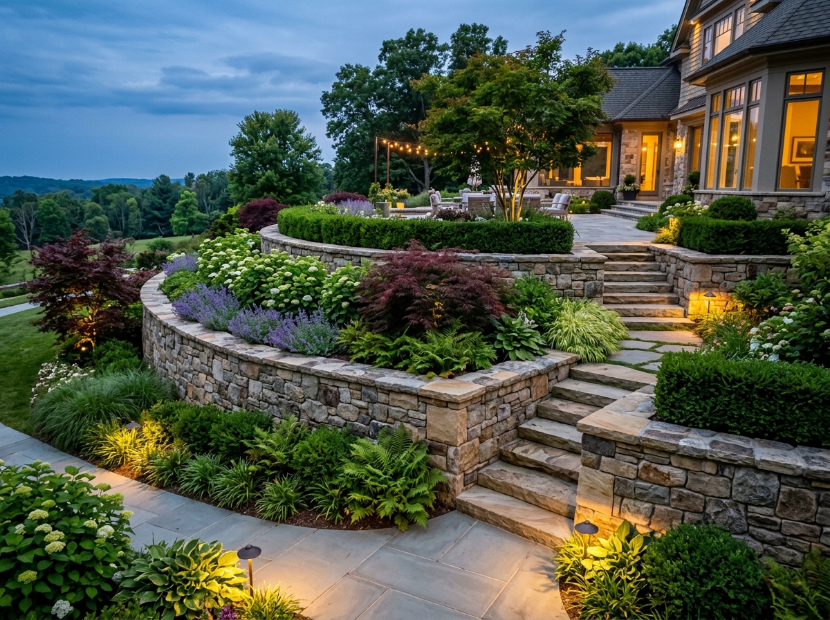 Natural stone retaining wall with tiered landscaping